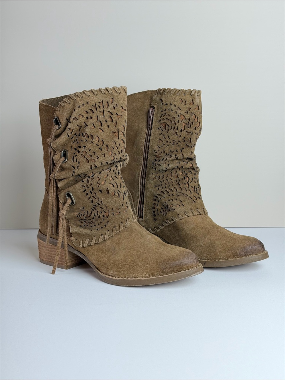 Naughty Monkey Vamp Phyer Tan Suede Western Boho Mid Calf Boots Women’s Size 7.5